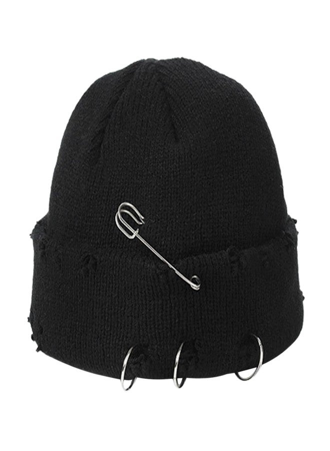 XRDSS Hip-hop Slouchy Ripped Knitted Hat Unisex Metal Ring Skull Caps Hat (Black) - Image 1